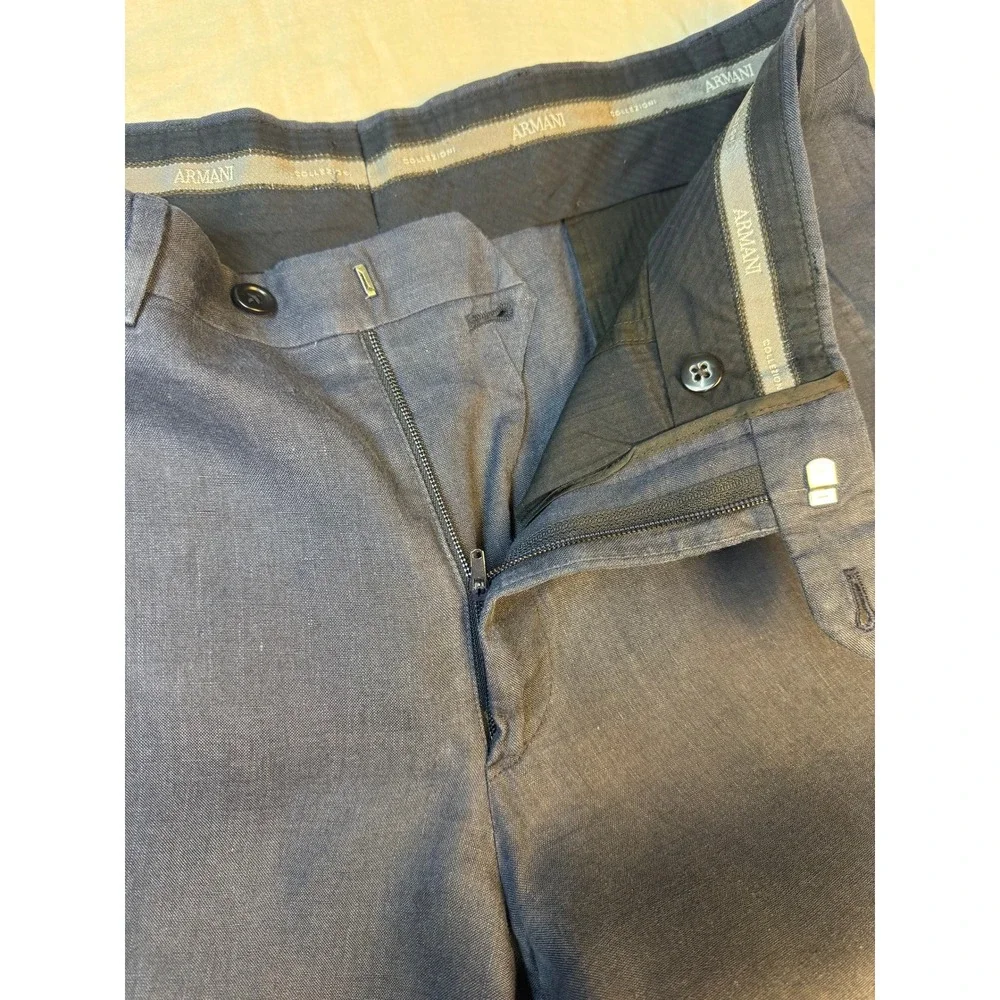 Armani Collezioni Mens Navy Blue Linen Blend Flat Front Straight Leg Pants 35x29